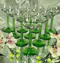 French Antique Lot Of 10 Wine Glasses Goblets Uranium Crystal Vintage Long Stem