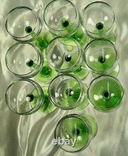 French Antique Lot Of 10 Wine Glasses Goblets Uranium Crystal Vintage Long Stem
