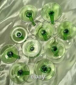 French Antique Lot Of 10 Wine Glasses Goblets Uranium Crystal Vintage Long Stem