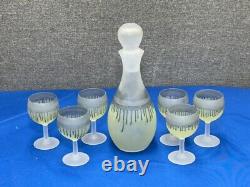 French Dip Wine Decanter & 6 Small Glasses, Vintage Blue & Yellow Glassware Set