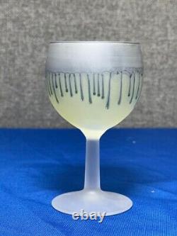 French Dip Wine Decanter & 6 Small Glasses, Vintage Blue & Yellow Glassware Set