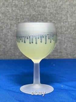 French Dip Wine Decanter & 6 Small Glasses, Vintage Blue & Yellow Glassware Set