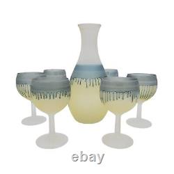 French Drip Glass Carafe & 6x Small Wine Glasses MCM Blue Yellow Handmade VTG