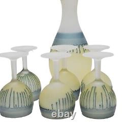 French Drip Glass Carafe & 6x Small Wine Glasses MCM Blue Yellow Handmade VTG