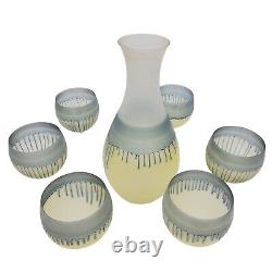 French Drip Glass Carafe & 6x Small Wine Glasses MCM Blue Yellow Handmade VTG