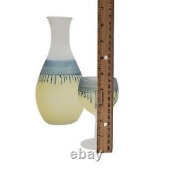 French Drip Glass Carafe & 6x Small Wine Glasses MCM Blue Yellow Handmade VTG
