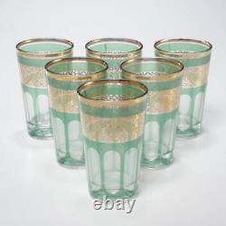 French Parisian Green Gold Wine Water Vtg Cafe Small Drinking Glasses 6pc Set A