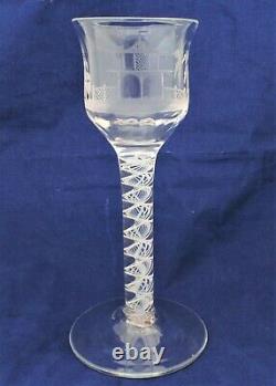 Georgian Wine Glass Opaque Twist Stem Chinoiserie Engraved Bowl Antique c 1760