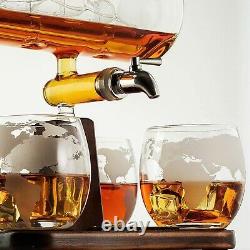 Glass Decanter Crystal Wine Whiskey Bottle Dispenser with 4 Glasses Vintage Boat