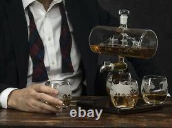 Glass Decanter Crystal Wine Whiskey Bottle Dispenser with 4 Glasses Vintage Boat