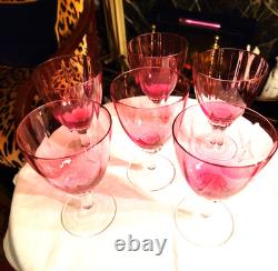 Gorgeous Set Of 6 Vintage Pink Crystal Cranberry' Optic'wine Glasses, 6.75''h
