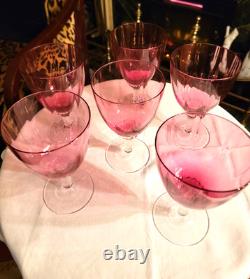 Gorgeous Set Of 6 Vintage Pink Crystal Cranberry' Optic'wine Glasses, 6.75''h