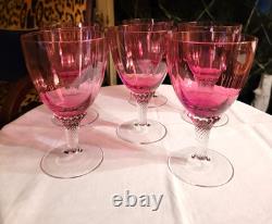 Gorgeous Set Of 6 Vintage Pink Crystal Cranberry' Optic'wine Glasses, 6.75''h