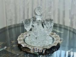 Gorgeous Vintage Crystal Decanter & 5 Wine Glasses On Silver Plated Tray Bohemia