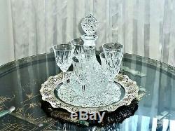 Gorgeous Vintage Crystal Decanter & 5 Wine Glasses On Silver Plated Tray Bohemia