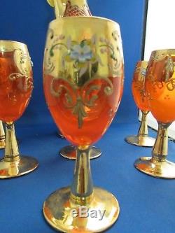 Gorgeous Vintage Venetian Glass Decanter and Wine Glasses- Hand-Painted in Italy