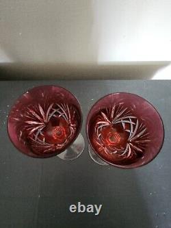 Gorham Cherrywood Ruby Red Cut to Clear Hock Wine Glasses Set of 2 Vintage