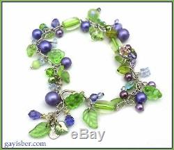 Grape Vine Bracelet Swarovski Glass Leaves, Purple Pearls, Vintage Grapes WINE