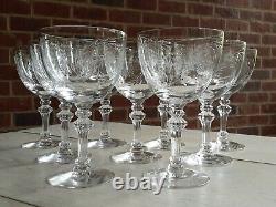 Great ANTIQUE Vtg Set of 9 TIFFIN CUT Crystal MADIERA Pattern WINE GLASSES Glass