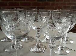 Great ANTIQUE Vtg Set of 9 TIFFIN CUT Crystal MADIERA Pattern WINE GLASSES Glass