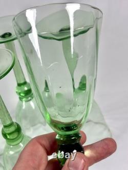 Hand Blown Green Glass Wine Goblets Set 6 Vintage Bubbles Pontil