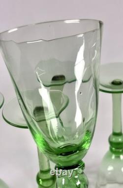 Hand Blown Green Glass Wine Goblets Set 6 Vintage Bubbles Pontil