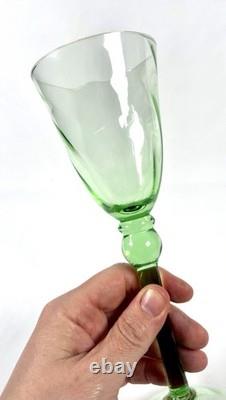 Hand Blown Green Glass Wine Goblets Set 6 Vintage Bubbles Pontil