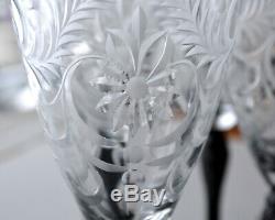 Hand Carved Set of 6 Antique Vintage Black Stem Crystal Wine Glasses Stunning