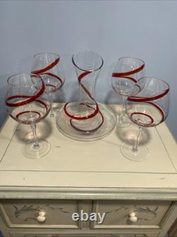 Handblown Vintage Pier 1 Red Swirline Balloon Wine Glasses and Decanter Set Of 4