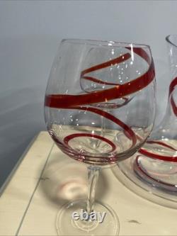 Handblown Vintage Pier 1 Red Swirline Balloon Wine Glasses and Decanter Set Of 4