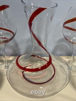 Handblown Vintage Pier 1 Red Swirline Balloon Wine Glasses and Decanter Set Of 4