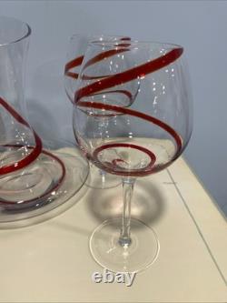 Handblown Vintage Pier 1 Red Swirline Balloon Wine Glasses and Decanter Set Of 4