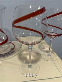 Handblown Vintage Pier 1 Red Swirline Balloon Wine Glasses and Decanter Set Of 4