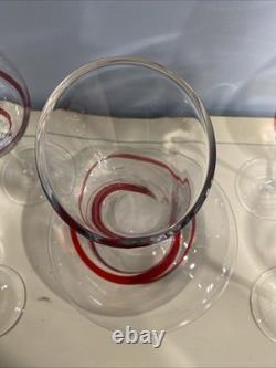 Handblown Vintage Pier 1 Red Swirline Balloon Wine Glasses and Decanter Set Of 4