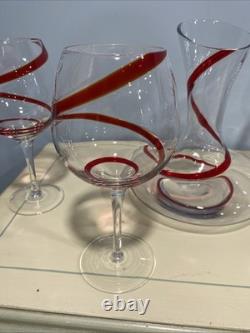 Handblown Vintage Pier 1 Red Swirline Balloon Wine Glasses and Decanter Set Of 4