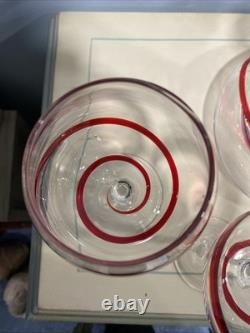 Handblown Vintage Pier 1 Red Swirline Balloon Wine Glasses and Decanter Set Of 4