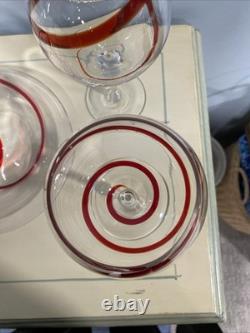 Handblown Vintage Pier 1 Red Swirline Balloon Wine Glasses and Decanter Set Of 4