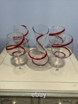 Handblown Vintage Pier 1 Red Swirline Balloon Wine Glasses and Decanter Set Of 4
