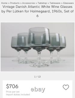 Holmegaard Smoke Gray Water Lrg Wine Glasses 5¾ by Per Lütken 1960's VTG Mint