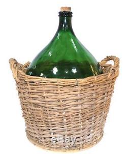 Huge Vintage Green Glass Demijohn Wine Bottle in Thick Wicker Basket Italy