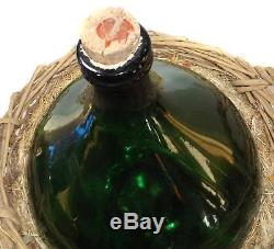 Huge Vintage Green Glass Demijohn Wine Bottle in Thick Wicker Basket Italy