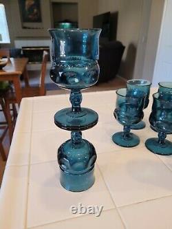 Indiana Glass Kings Crown Wine Goblet Glasses Dark Teal Blue Set of nine (9)