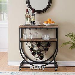 Industrial Bar Cart On Wheels For Home Vintage Wine Rack Cart With Glass Holder