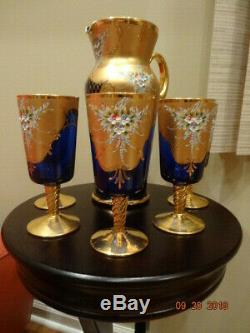 Italian Vintage Original Murano Handmade 24K Gold & Cobalt Wine Set