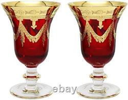 - Italy Ruby Red Crystal Wine Goblets Vintage Design 24K Gold Hand Decorated, 10