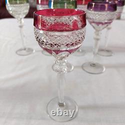 LOT 8 Vtg Anna Hutte Crystal Cut Clear Goblet Glass Wine Purple Red Green Maroon