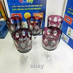LOT OF 5 VINTAGE WINE BOHEMIAN GLASS, PURPLE CUT CLEAR TO CRYSTAL, Tall 6 1/2