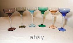 LOT of 6 HAND BLOWN TWISTED STEM MULTI COLOR GLASS CRYSTAL CORDIALS WINE GLASSES