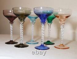 LOT of 6 HAND BLOWN TWISTED STEM MULTI COLOR GLASS CRYSTAL CORDIALS WINE GLASSES