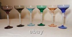 LOT of 6 HAND BLOWN TWISTED STEM MULTI COLOR GLASS CRYSTAL CORDIALS WINE GLASSES